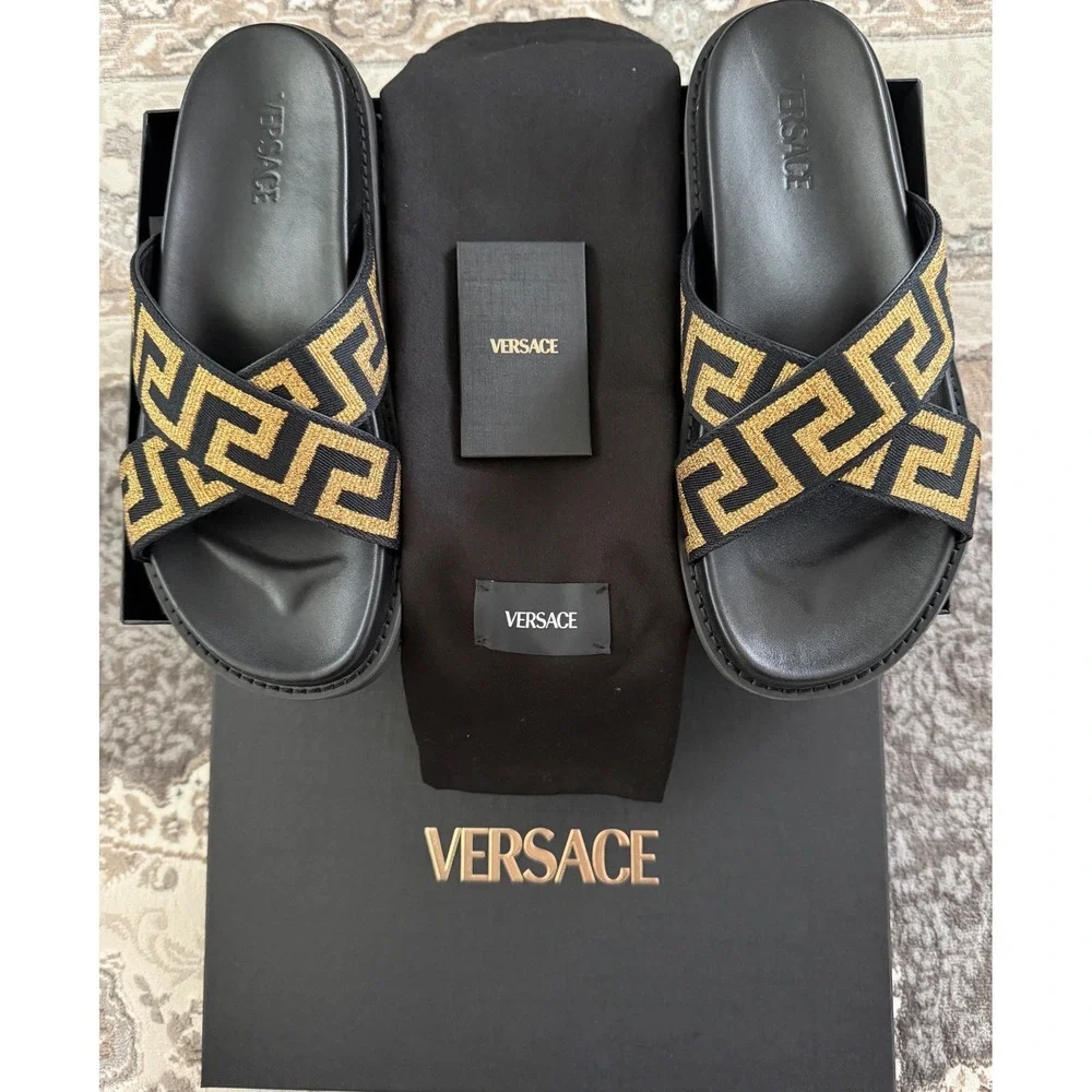 Versace Mens Greca Cross Strap Slides Black Gold Metallic Sandals Size 43 Spain